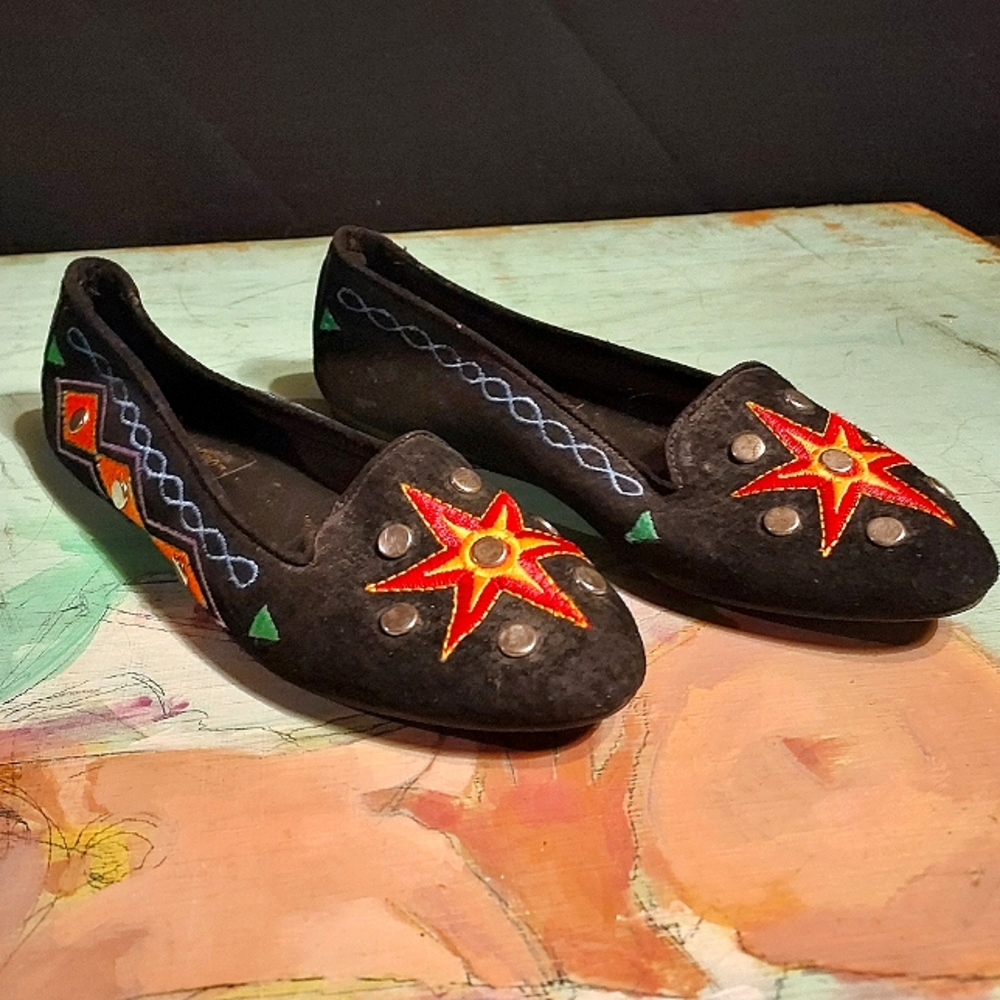 1980's Embroidered Suede Flats By L.J. Simone